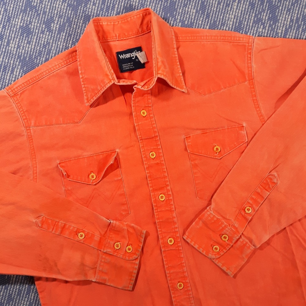 Vintage Wrangler Shirt Mens 16 - 34 Regular Orange Button Up Cowboy Work Ranch